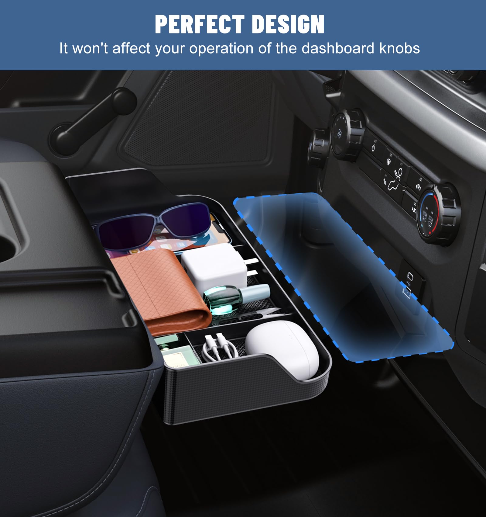 Sinvanho four-compartment storage keeps phones, keys, and wallets organized.