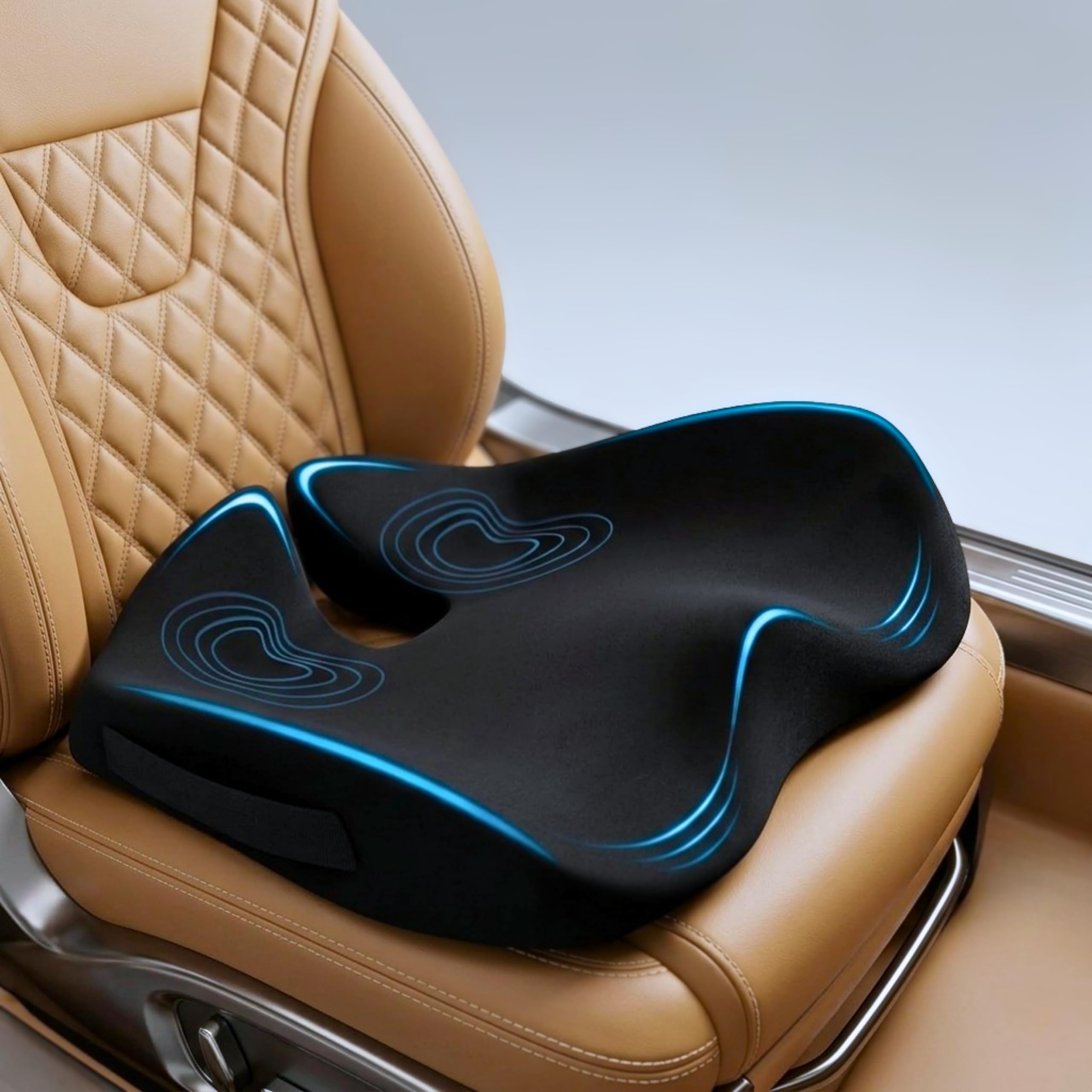 SitCushion tailbone cutout relieves coccyx pressure on long drives.
