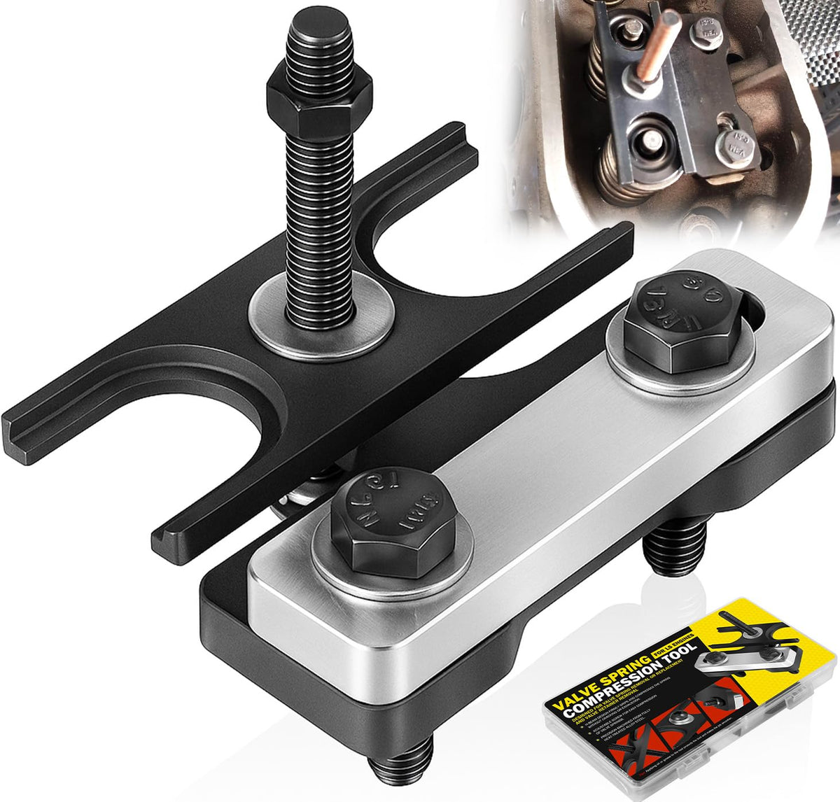 Sixcow 67605 LS valve spring compressor tool with universal LS engine compatibility.