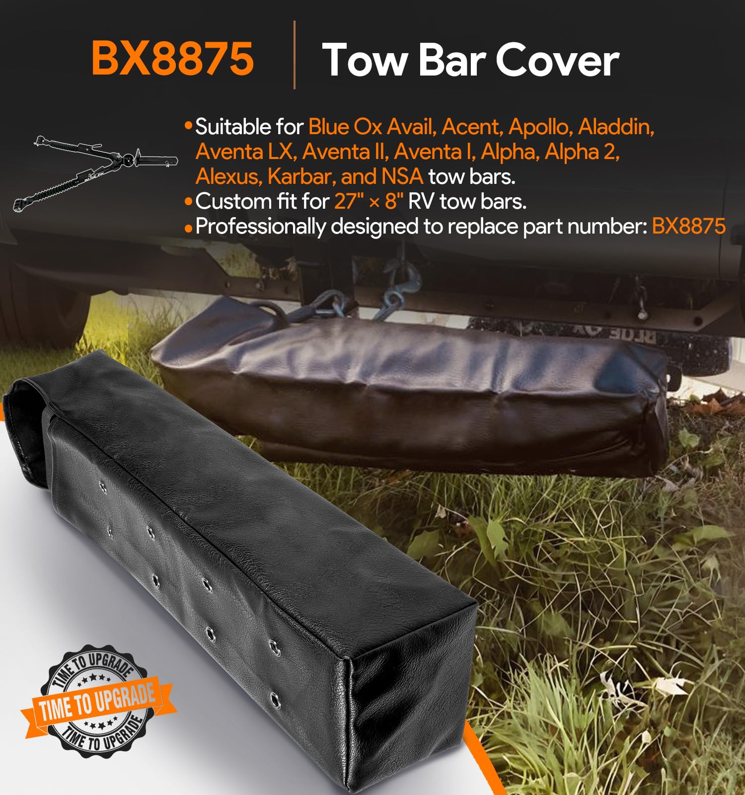 Sixcow BX8875 tow bar cover back view shows snug fit on 27x8 inch bars.