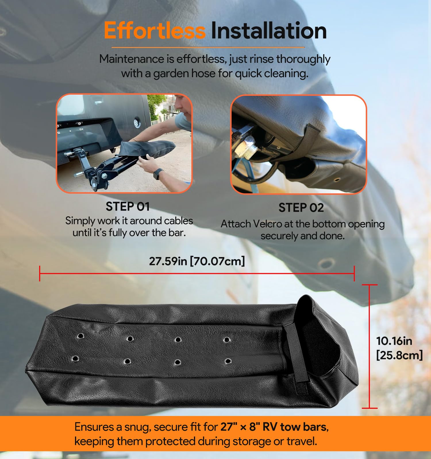Sixcow BX8875 tow bar cover features Velcro closure for quick, secure installation.