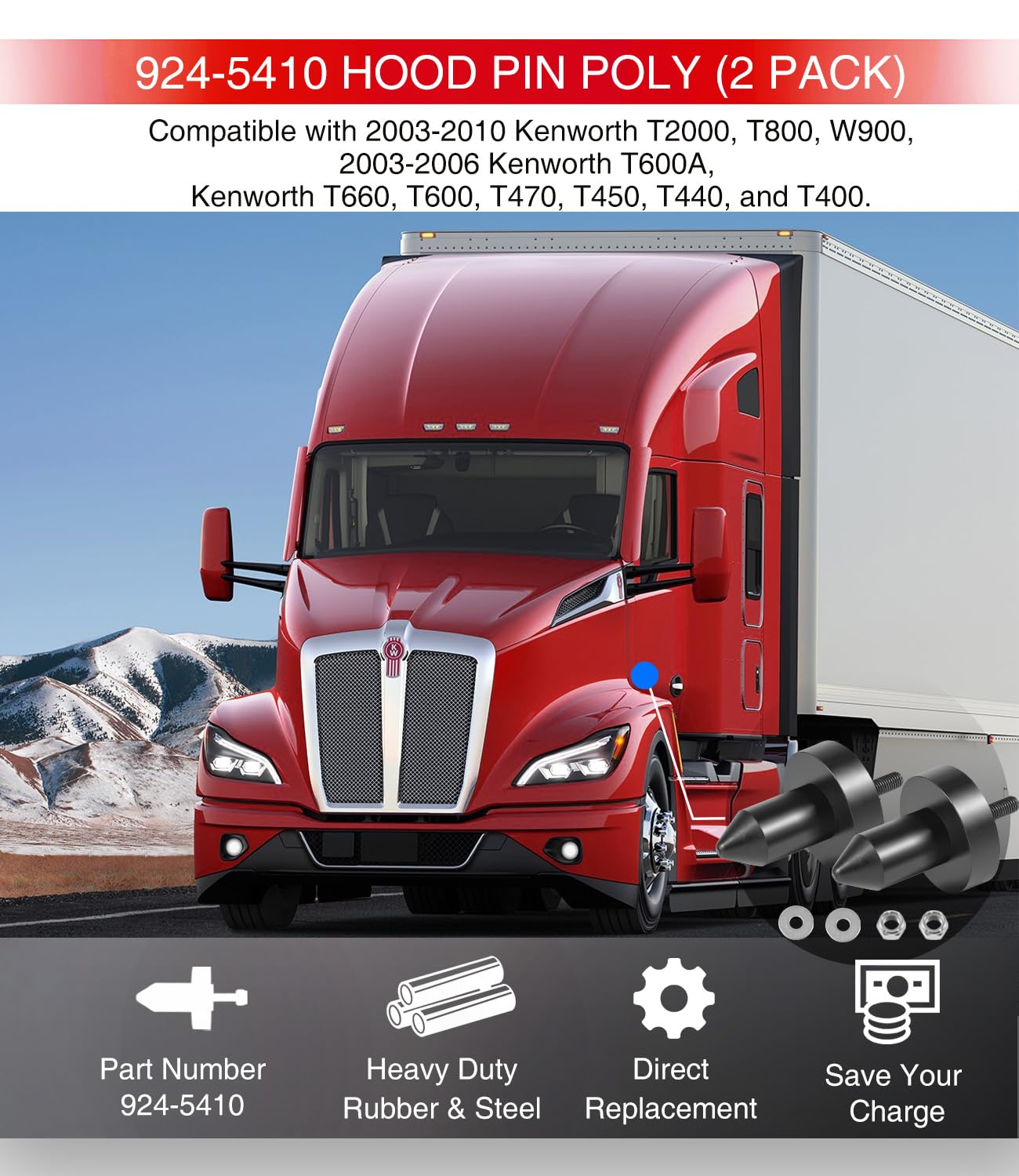 Sixcow hood pin poly Kenworth T600A installation hardware kit.