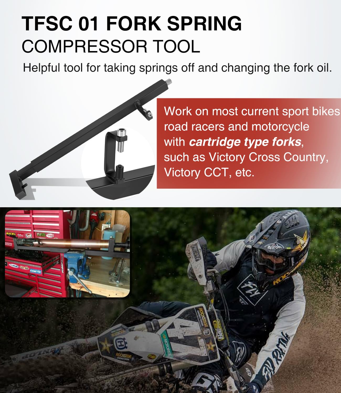 Sixcow TFSC01 adjustable fit shown securing forks for precise spring compression.