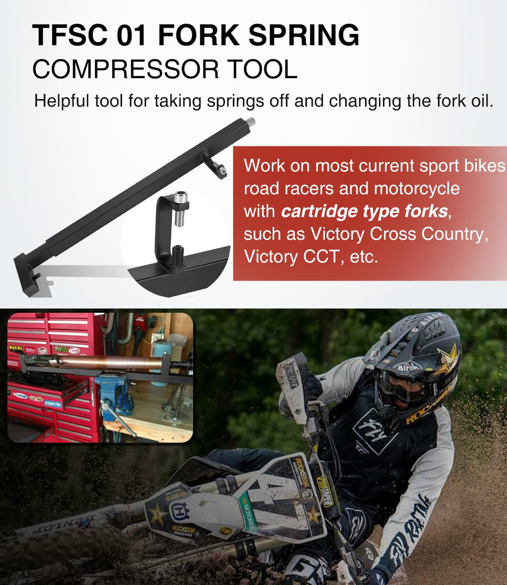 Sixcow TFSC01 adjustable fit shown securing forks for precise spring compression.