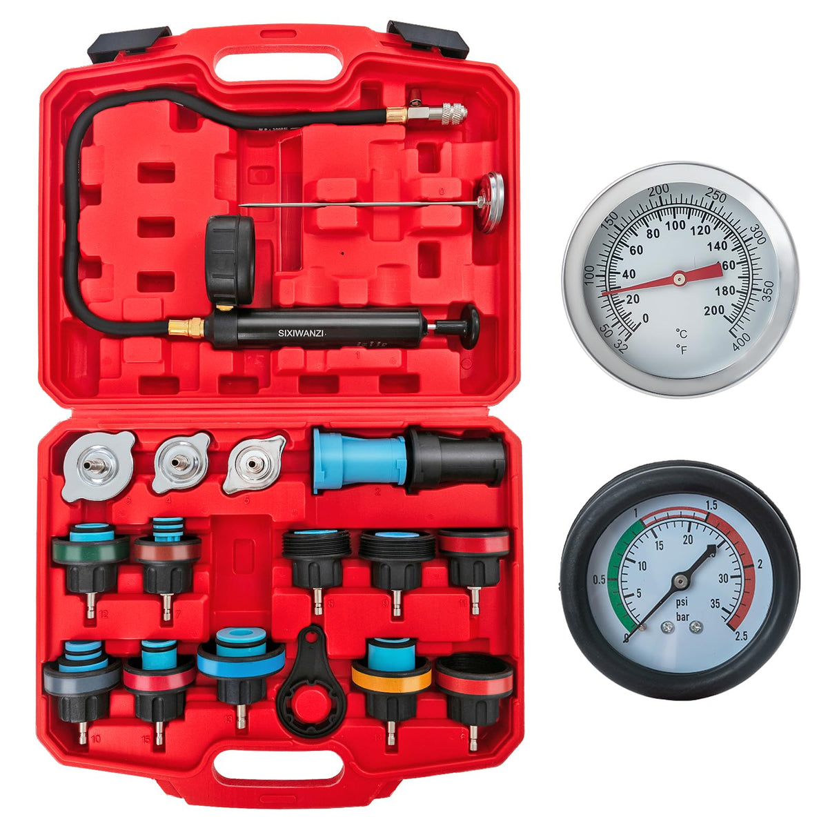 SIXIWANZI radiator pressure tester kit with an 18-piece set for leak checks and maintenance