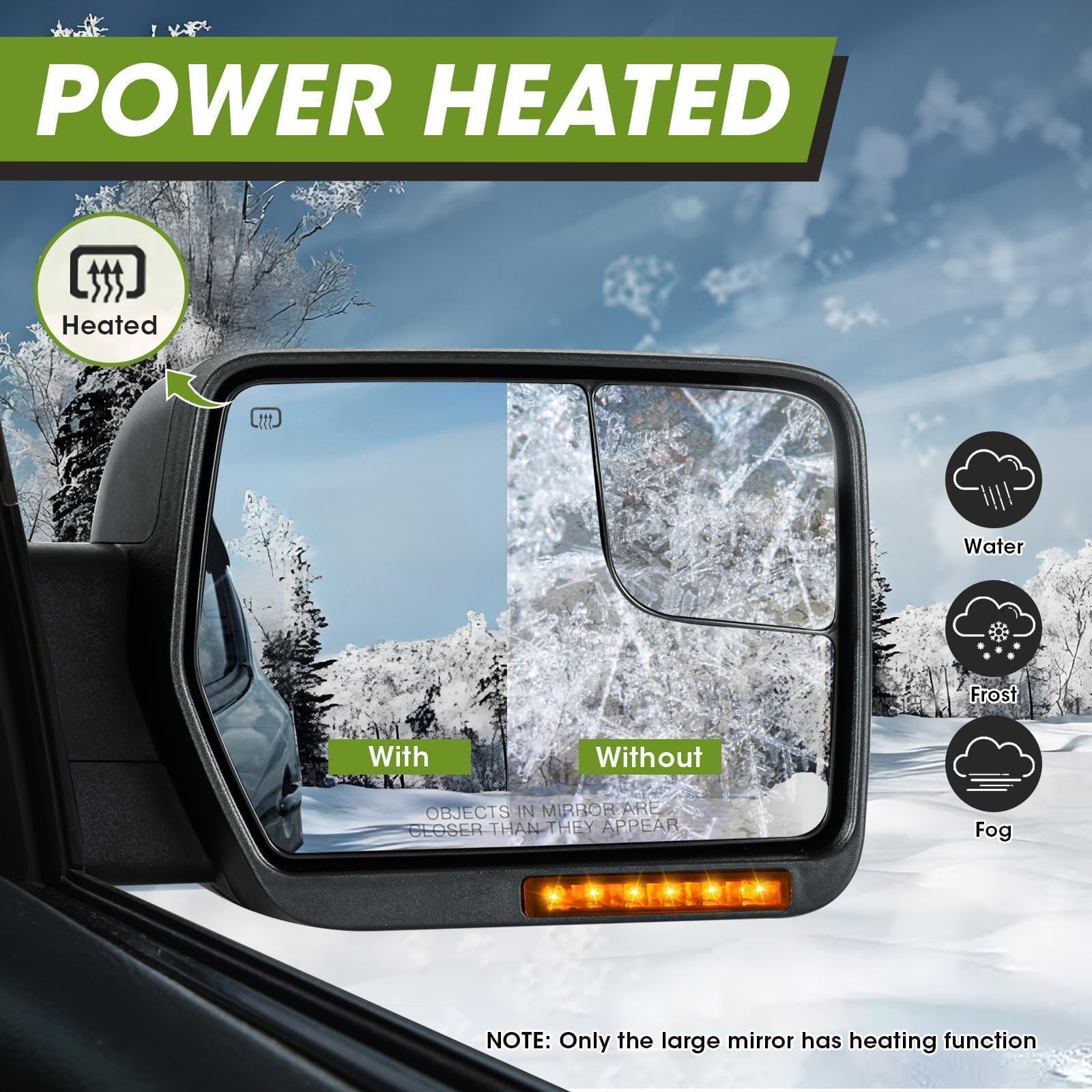 Siziom power-adjustable large mirror provides quick rear visibility on F-150.