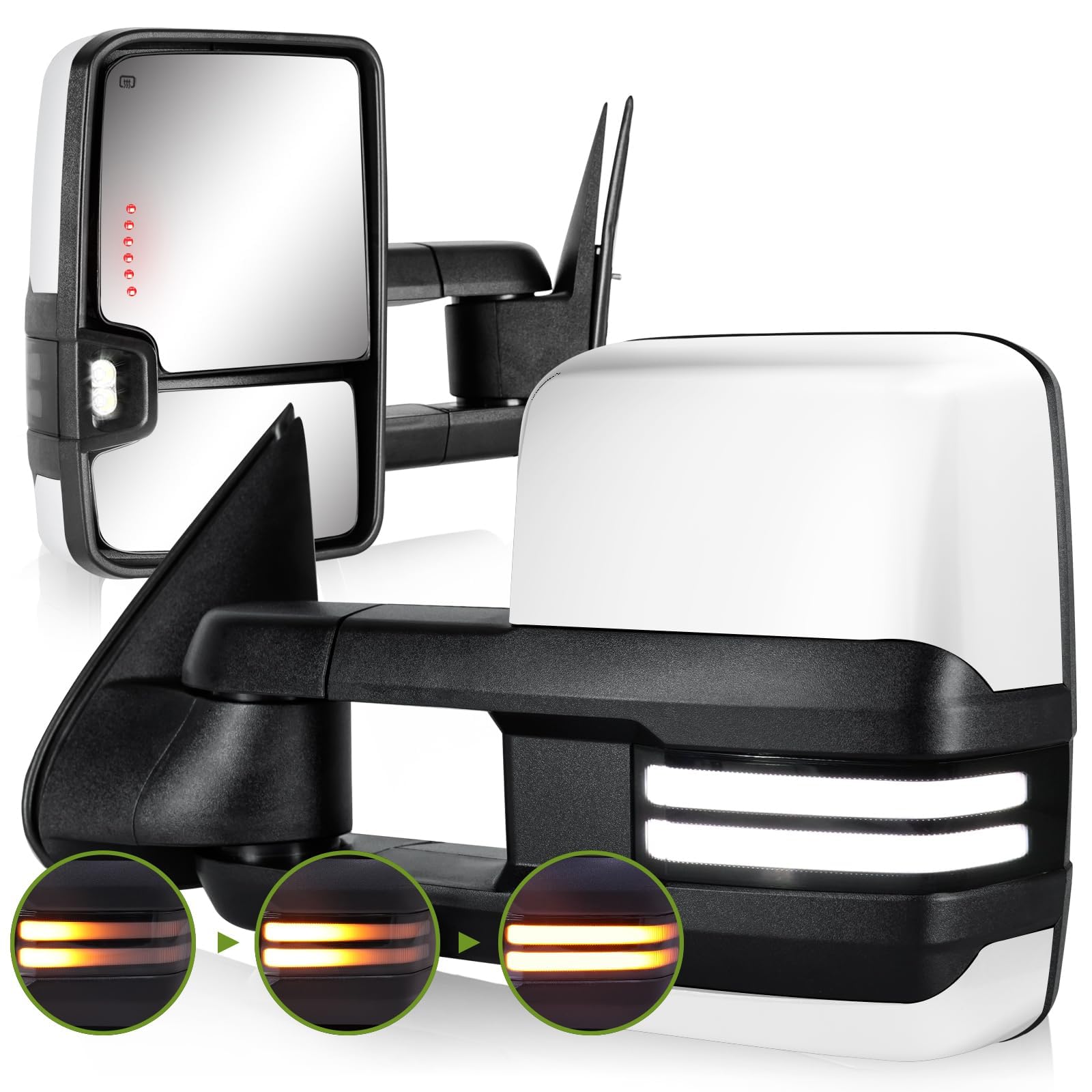 Siziom Switchback towing mirror pair white with dynamic signals for Silverado and Sierra, improved visibility.