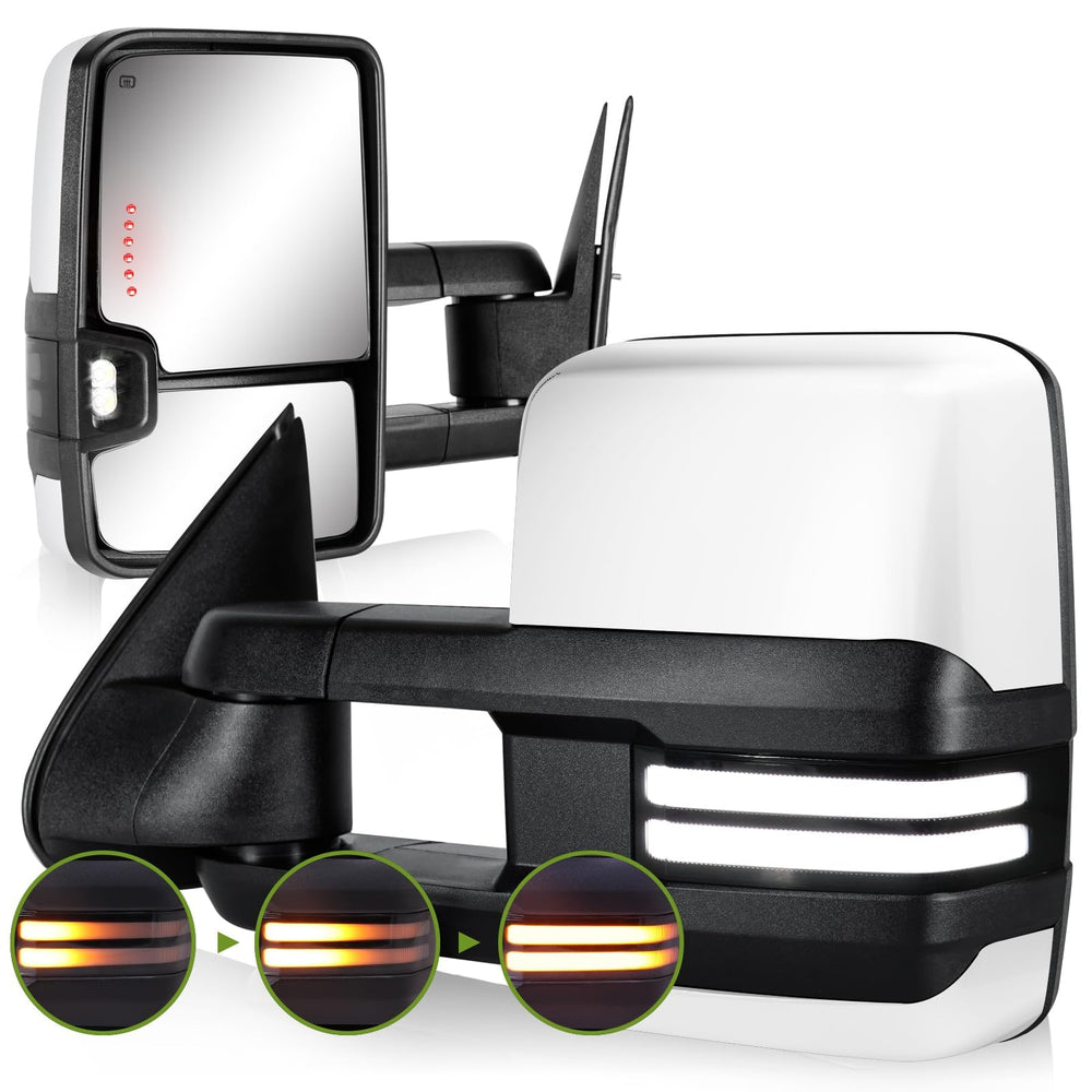 Siziom Switchback towing mirror pair white with dynamic signals for Silverado and Sierra, improved visibility.