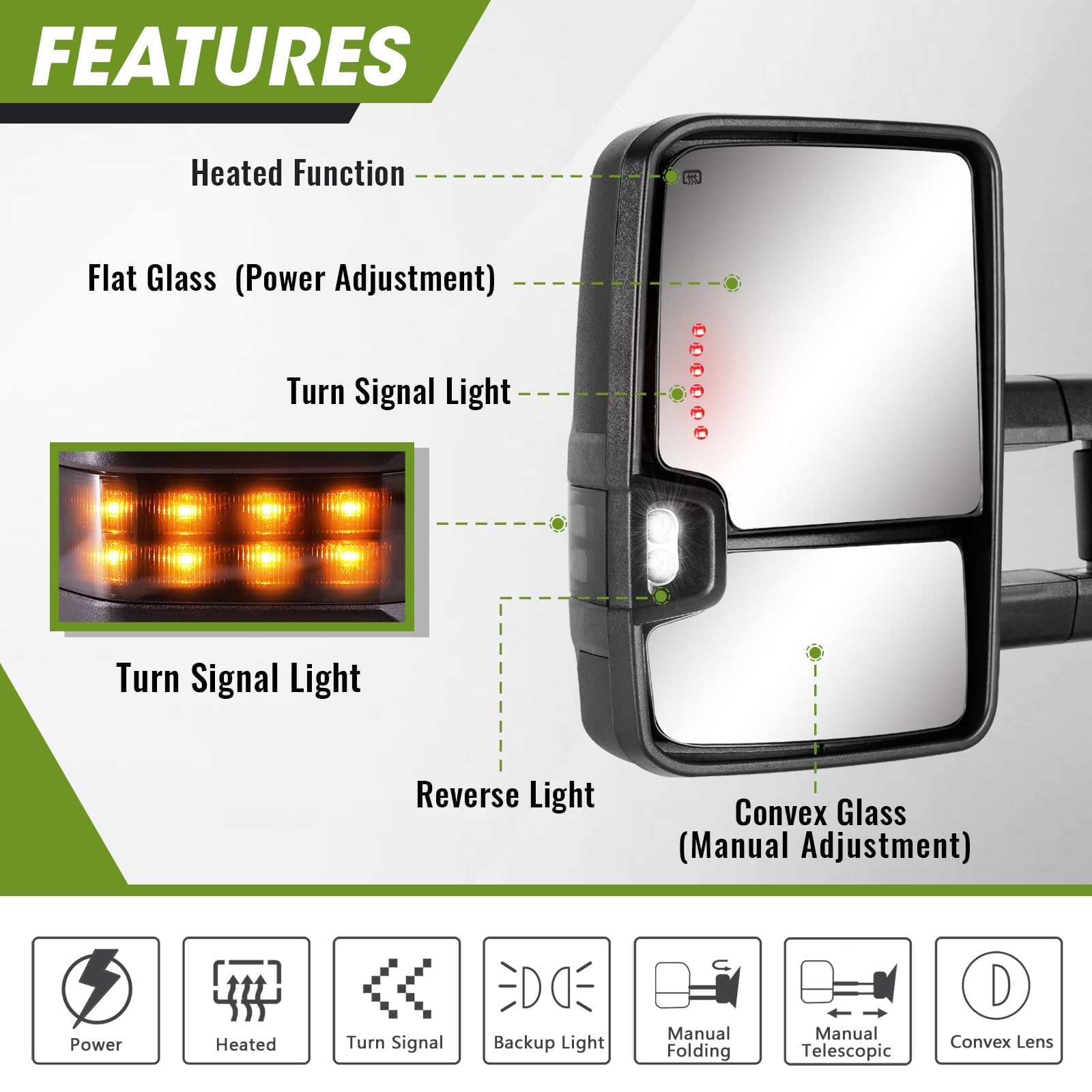 Siziom mirrors with amber LED turn signal and backup light for safer reversing
