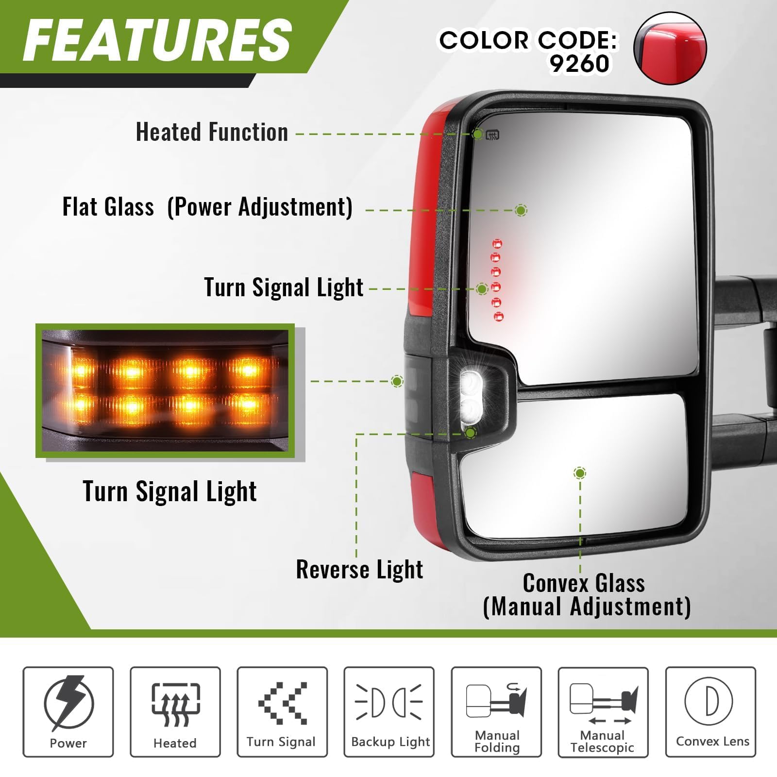 Siziom towing mirror with backup light improves reversing visibility