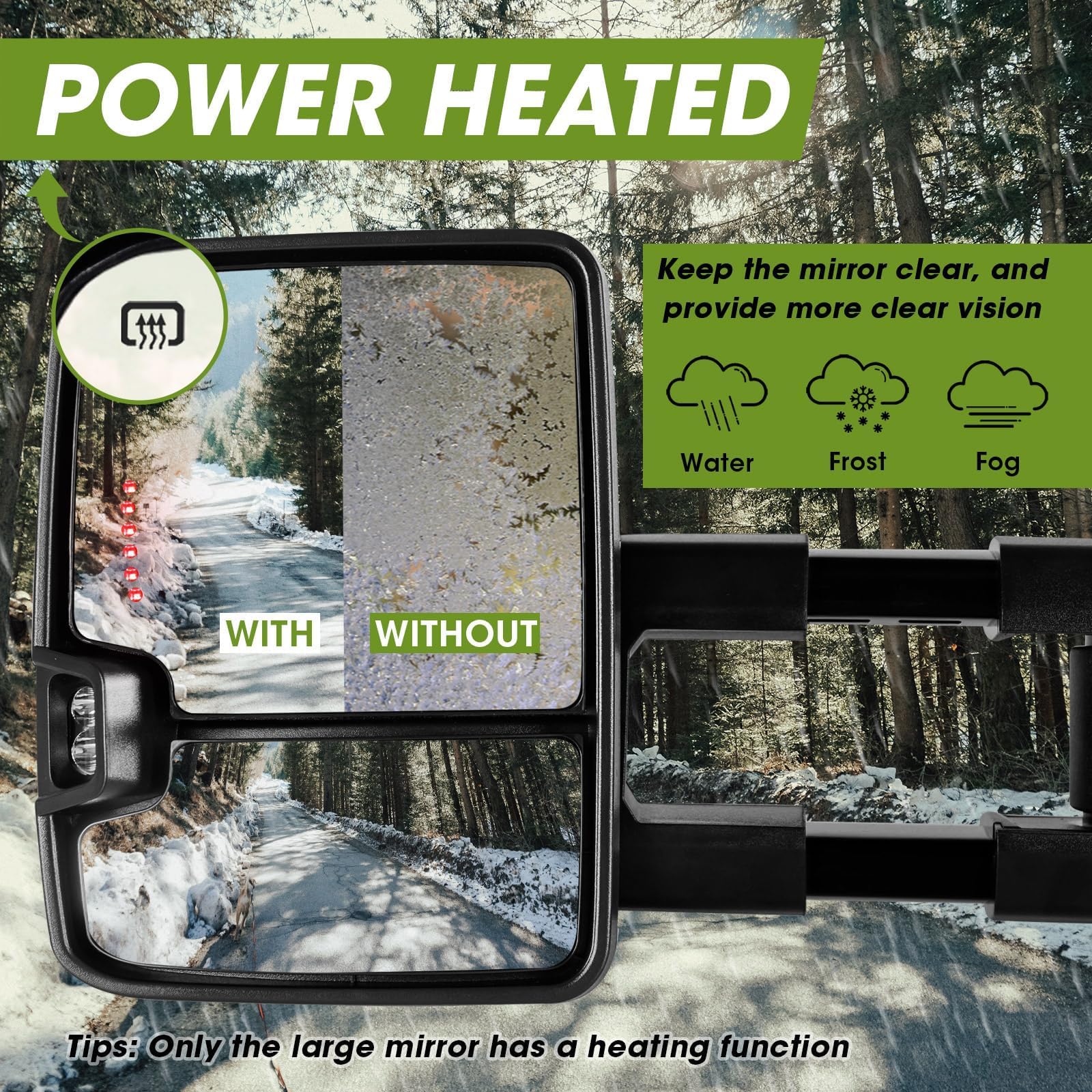 Power heated defrost on Siziom towing mirrors for clear viewing in cold weather