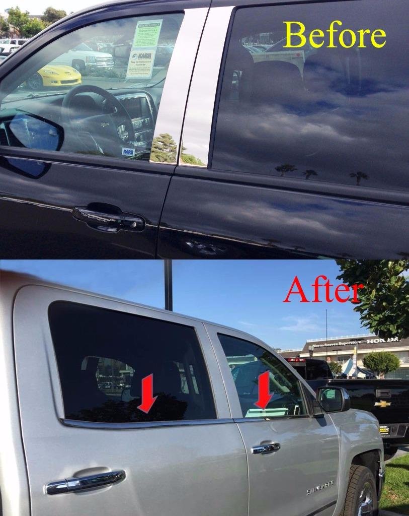 Sizver polished stainless steel window sill trim for Silverado 2500HD/3500HD crew cab enhances rugged look.