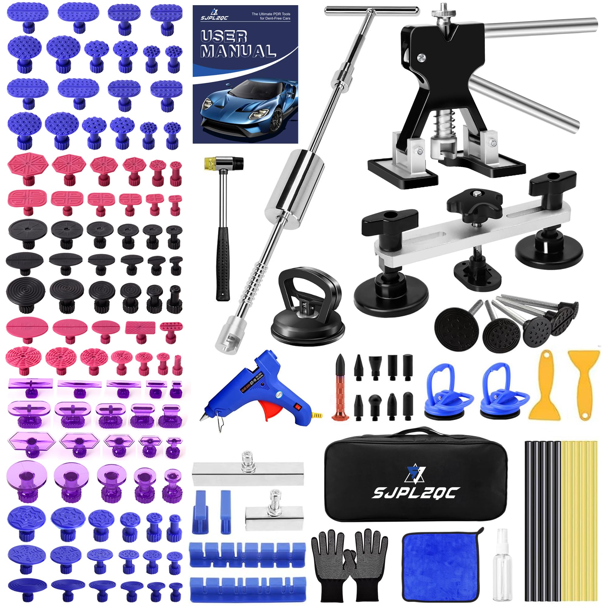 SJPLZQC car dent puller kit with 140 pieces for DIY dent repair.