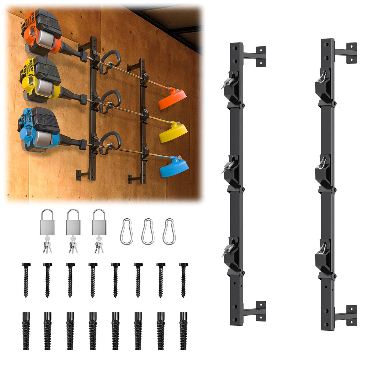 SJPULMO 3-Place weed eater rack with locks secures gear on a trailer