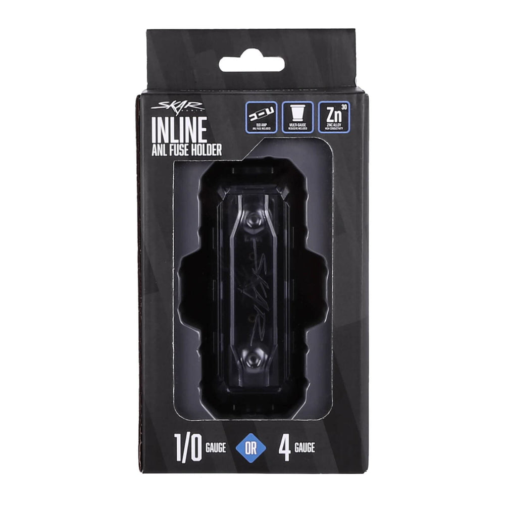 Skar Audio 150A inline ANL fuse holder packed with fuse for immediate use.