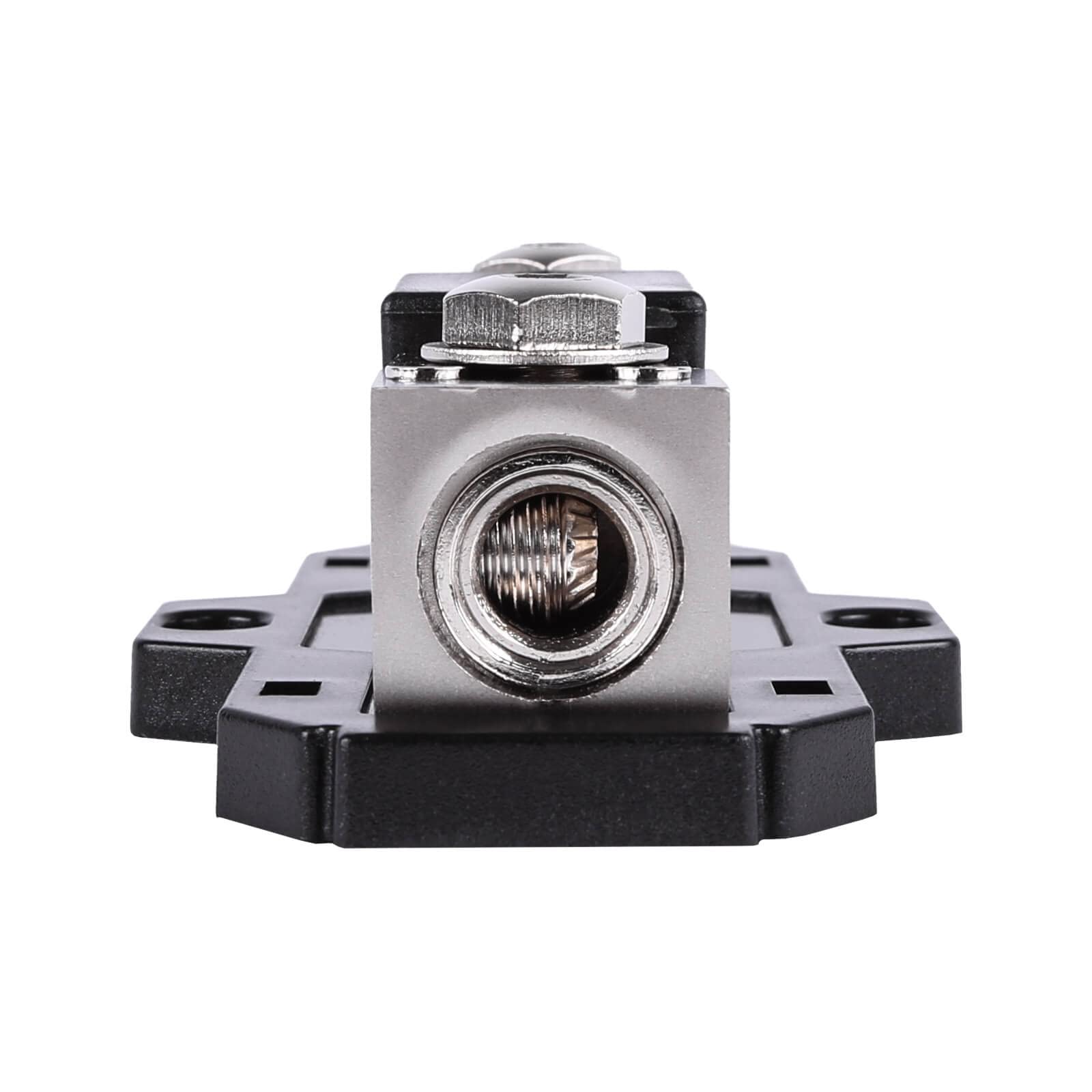 Skar Audio fuse holder with reducer shims enables 1/0 or 4 gauge compatibility.