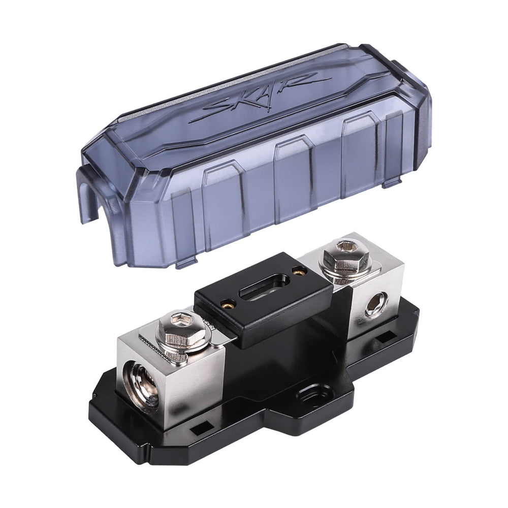 Skar Audio smoked gray cover adds premium look while protecting connections.