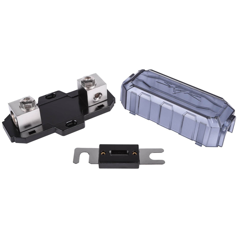 Skar Audio inline ANL fuse holder top view showcases accessible wiring channel for neat setup.