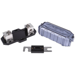 Skar Audio inline ANL fuse holder top view showcases accessible wiring channel for neat setup.