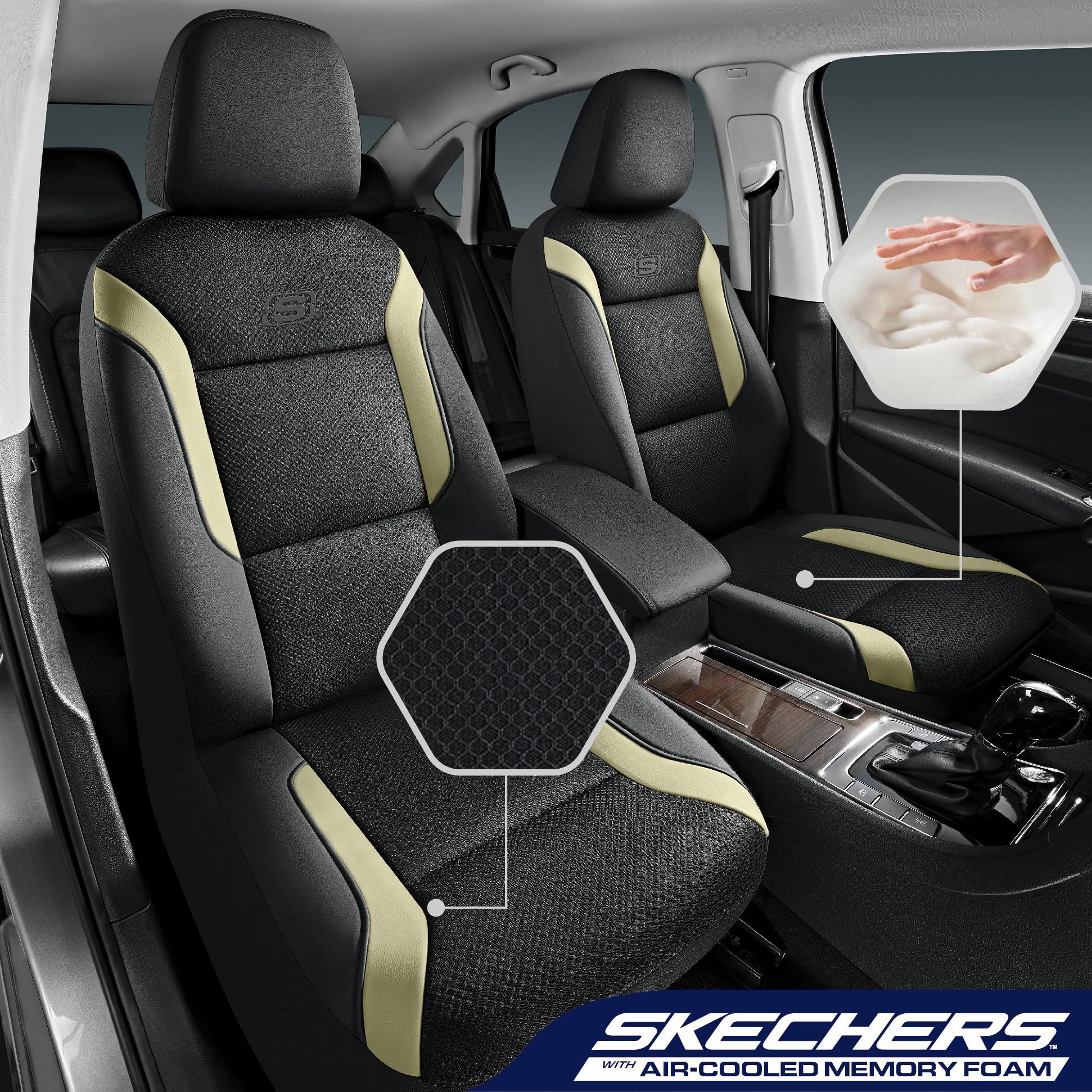 Skechers air-cool mesh fabric seat cover demonstrates breathable, smooth surface