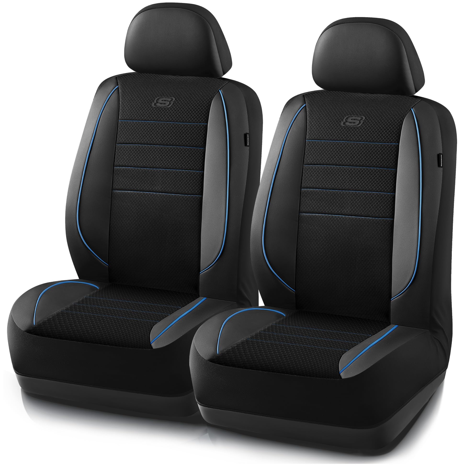 Skechers air-cooled memory foam seat cover on the front seat in blue for enhanced comfort