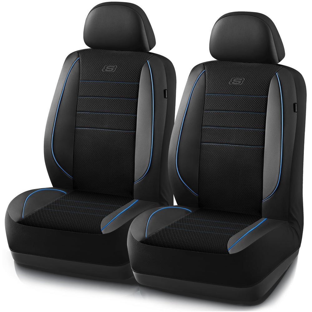 Skechers air-cooled memory foam seat cover on the front seat in blue for enhanced comfort