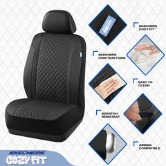 Skechers seat cover shows airbag-compatible detail for safe deployment