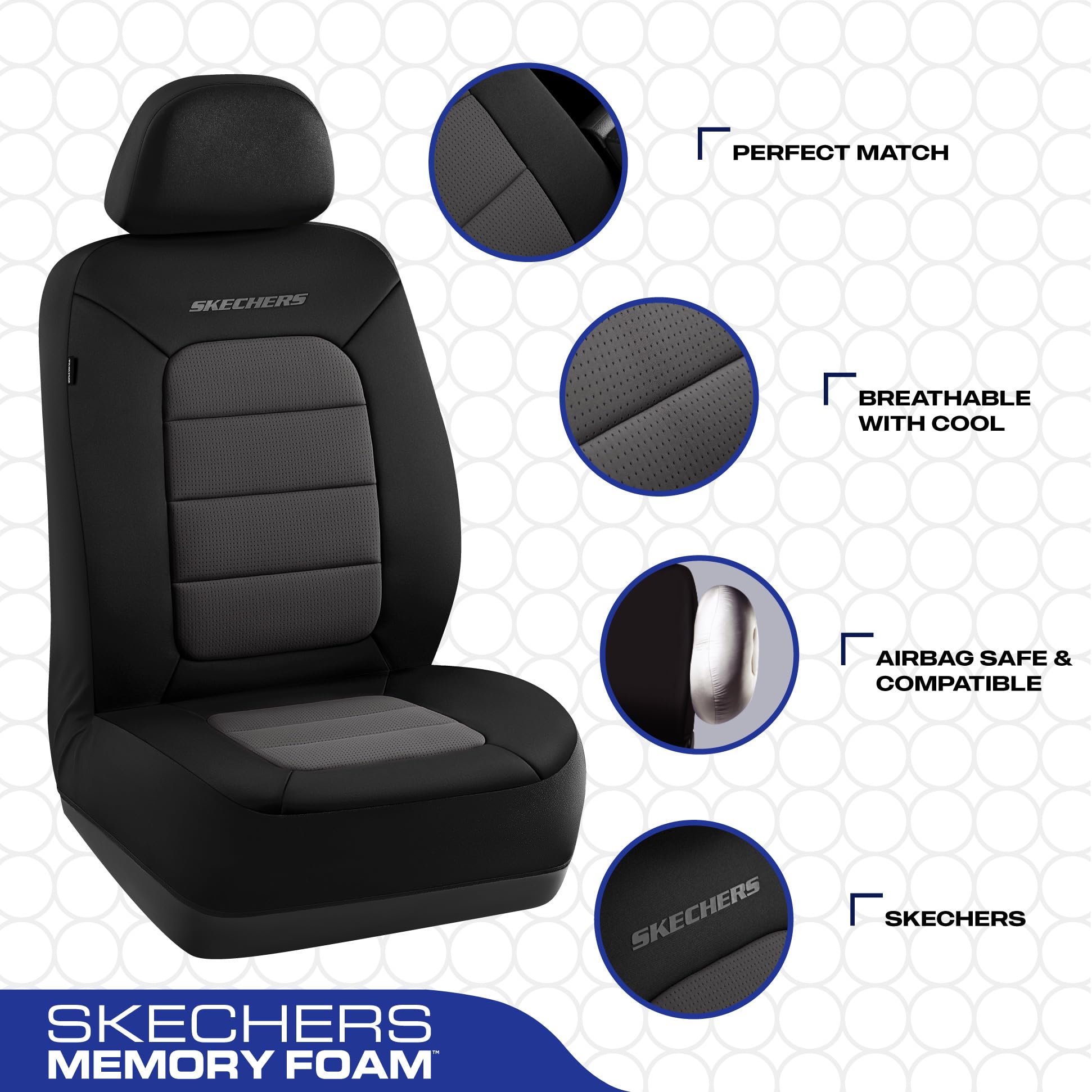 Skechers airbag compatible front seat cover seams for safe deployment