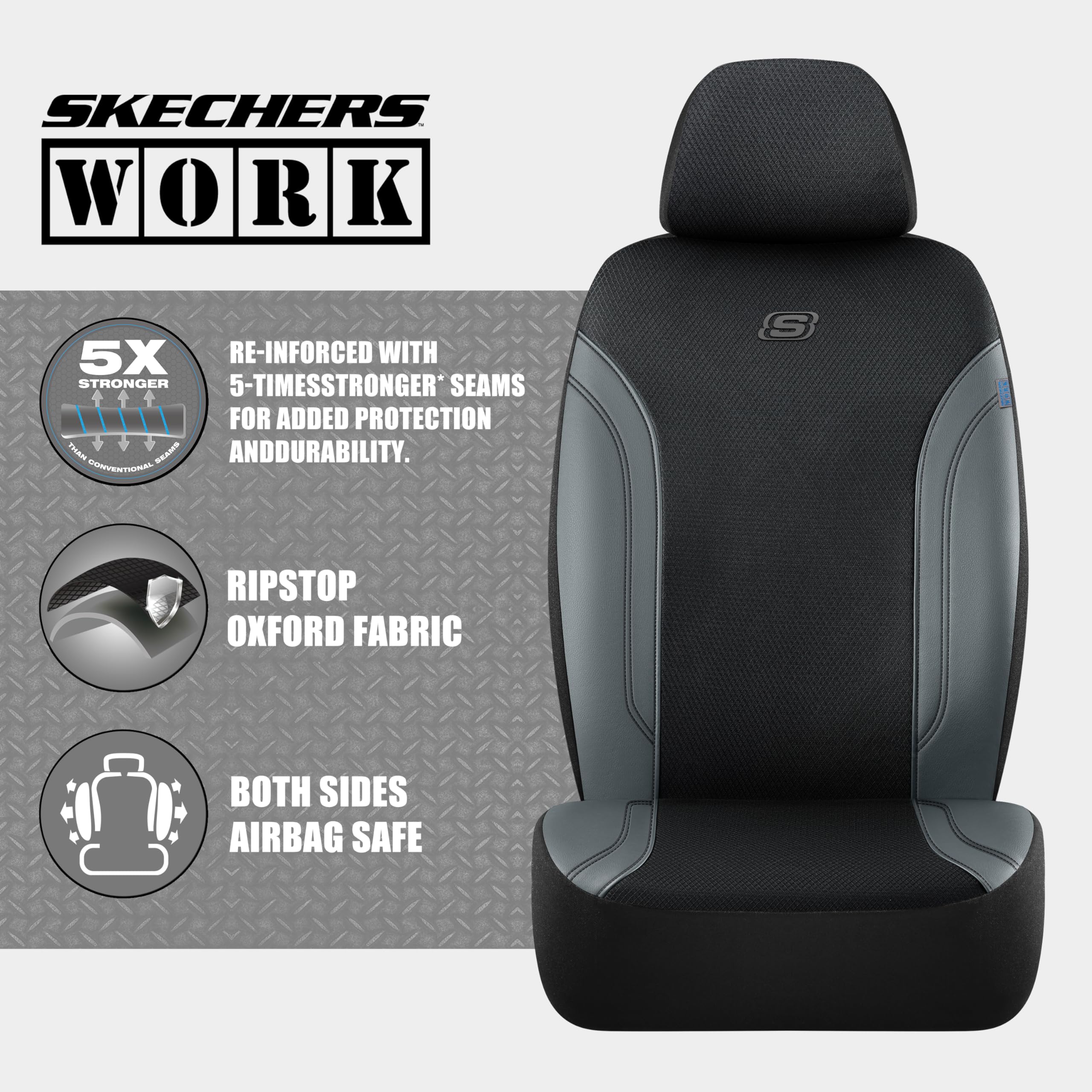 Skechers airbag-compatible seat cover seams for safe airbag deployment.