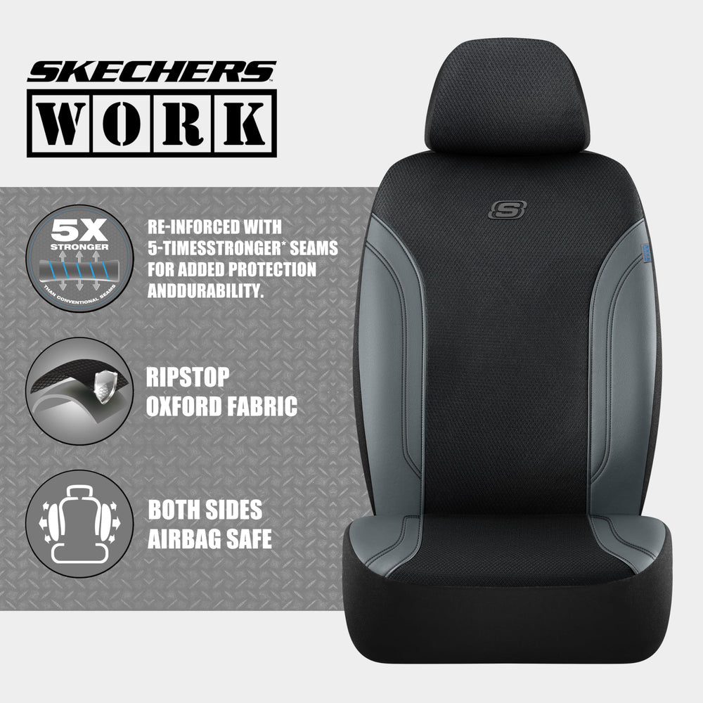 Skechers airbag-compatible seat cover seams for safe airbag deployment.