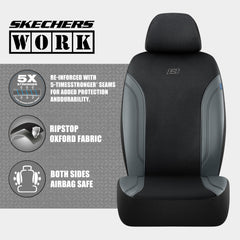 Skechers airbag-compatible seat cover seams for safe airbag deployment.