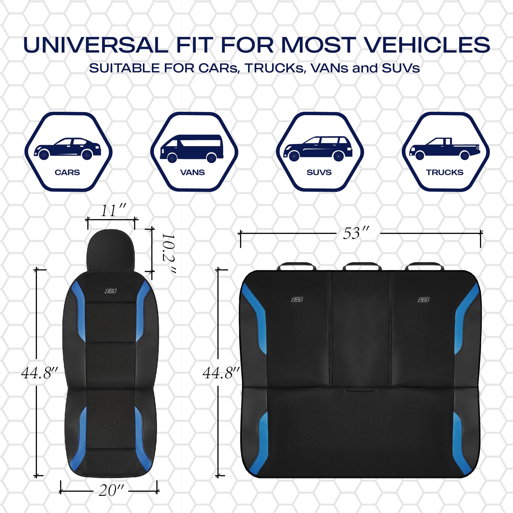 Skechers airbag-compatible seat cover allows safe airbag deployment.