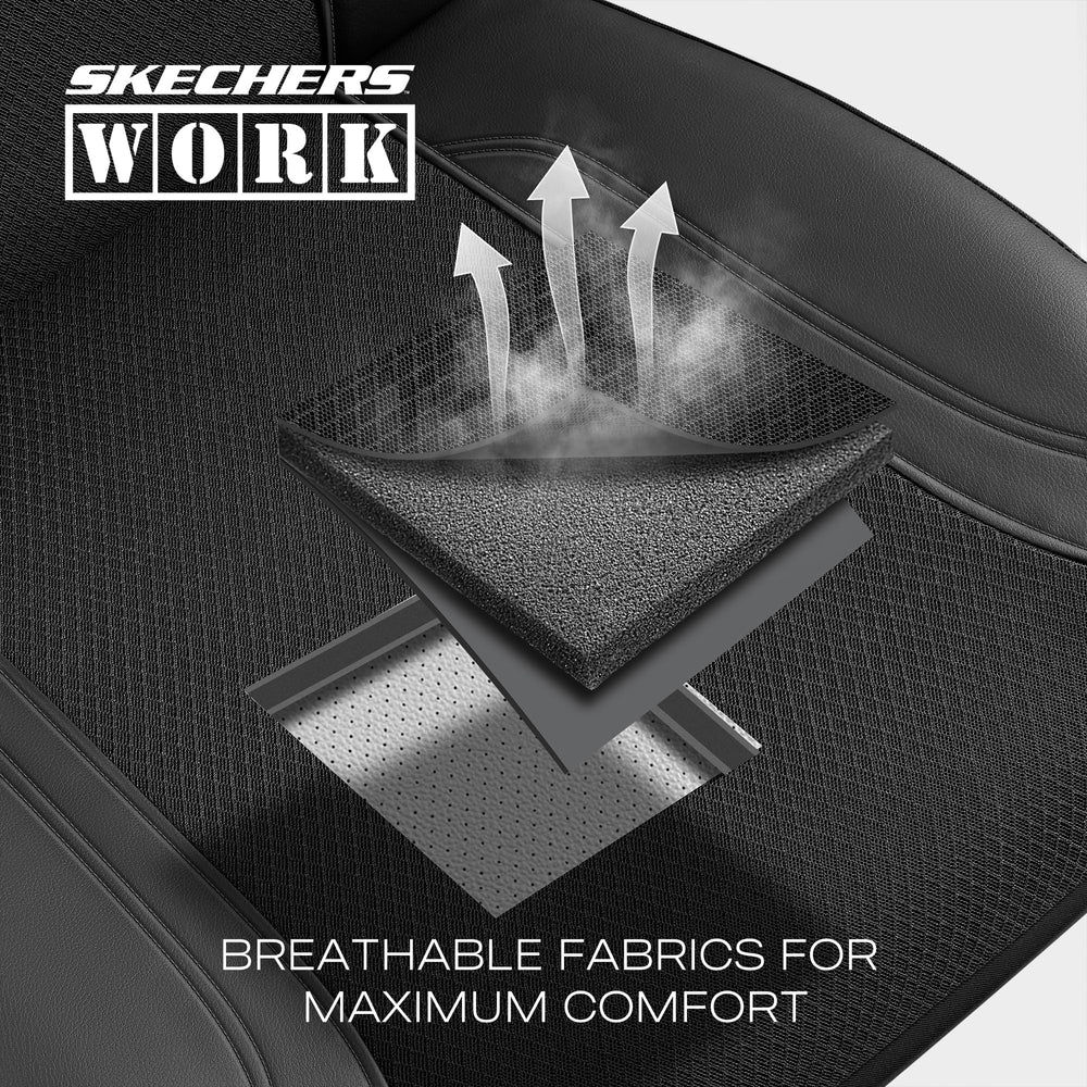 Skechers airbag-compatible seat cover with seams designed for safe deployment