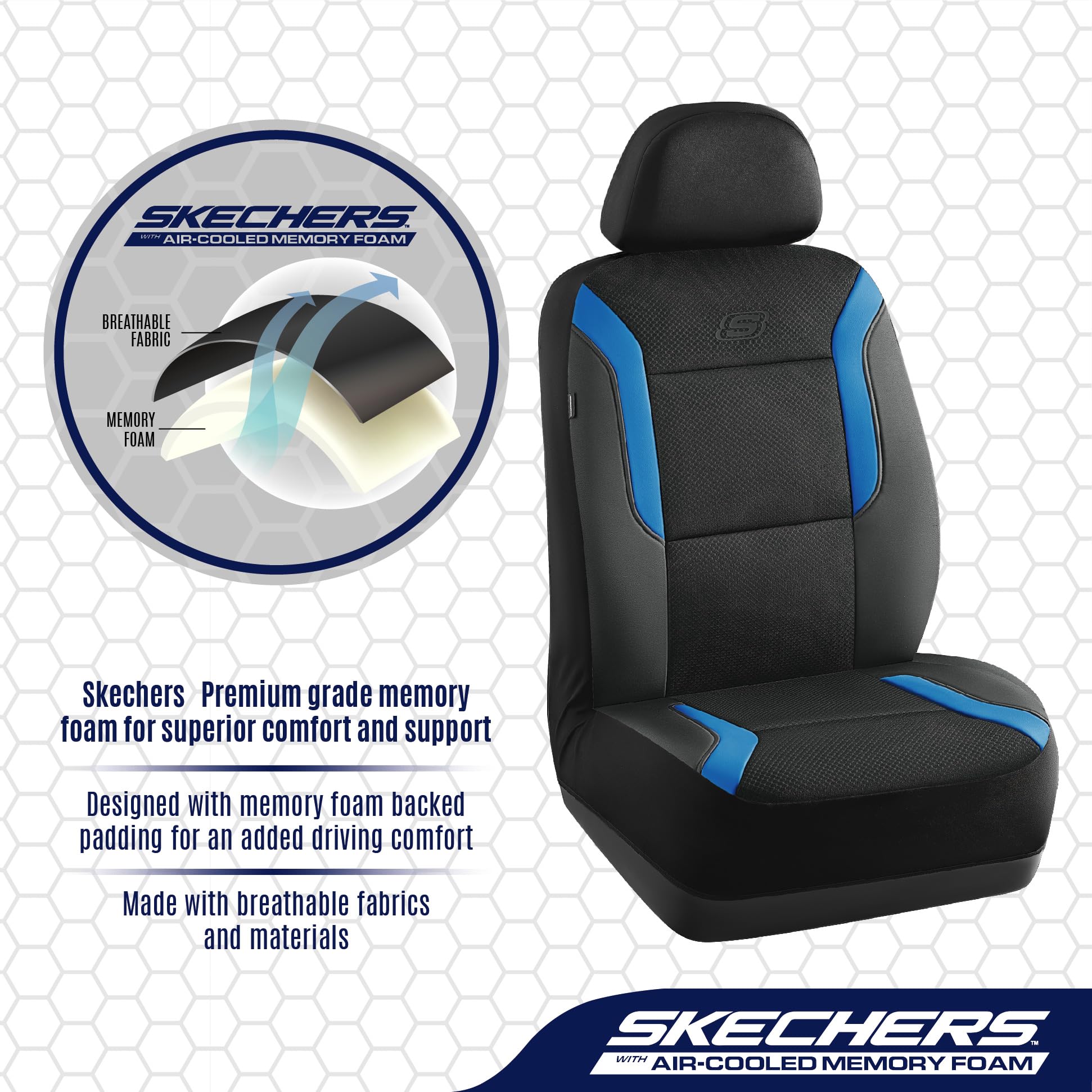 Skechers form-fitting 3-panel front-seat design fits many vehicles.