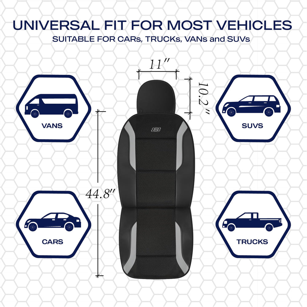 Interior protection and style with gray Skechers seat cover in the cabin.