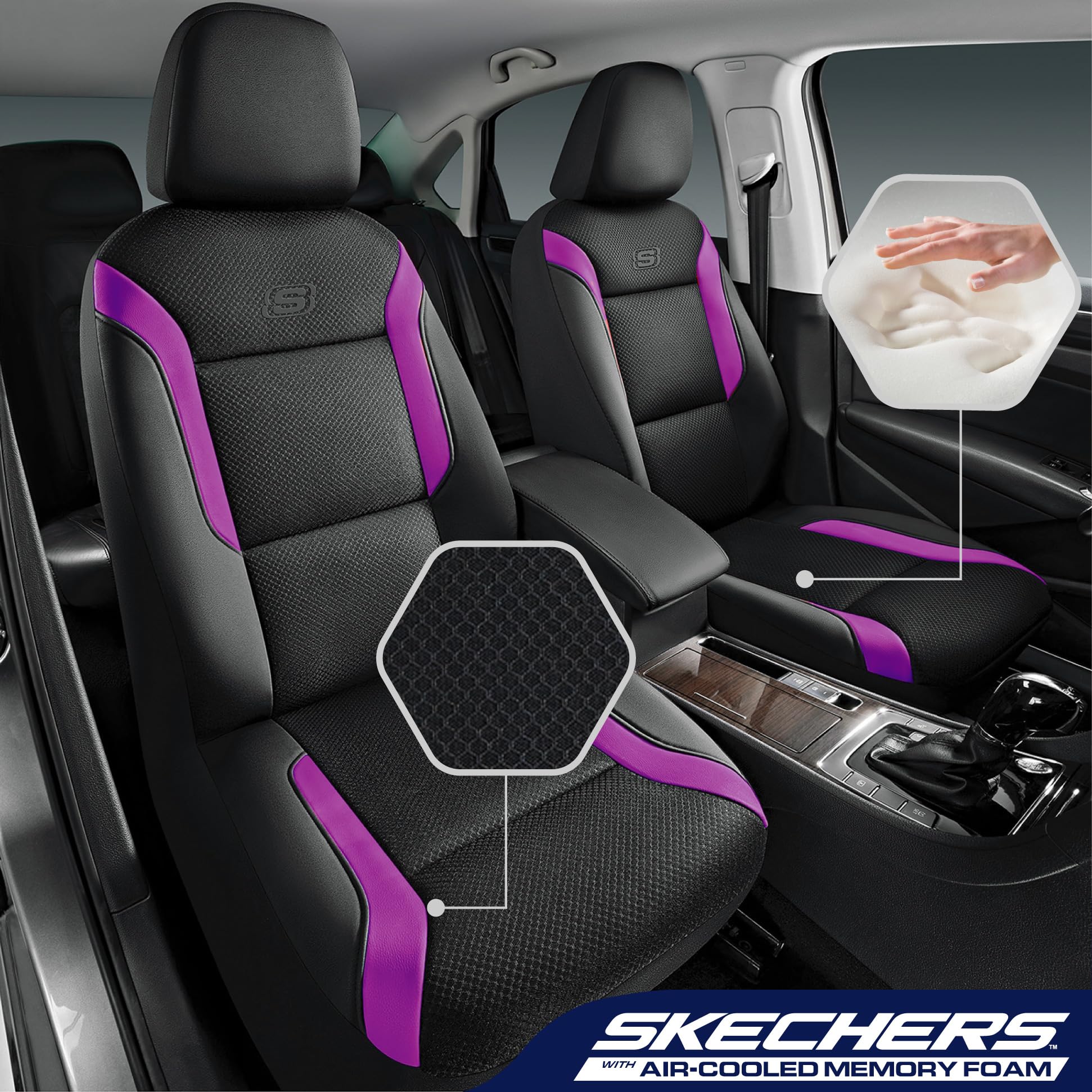 Skechers Memory Foam seat cover showing air-cool mesh breathable top layer