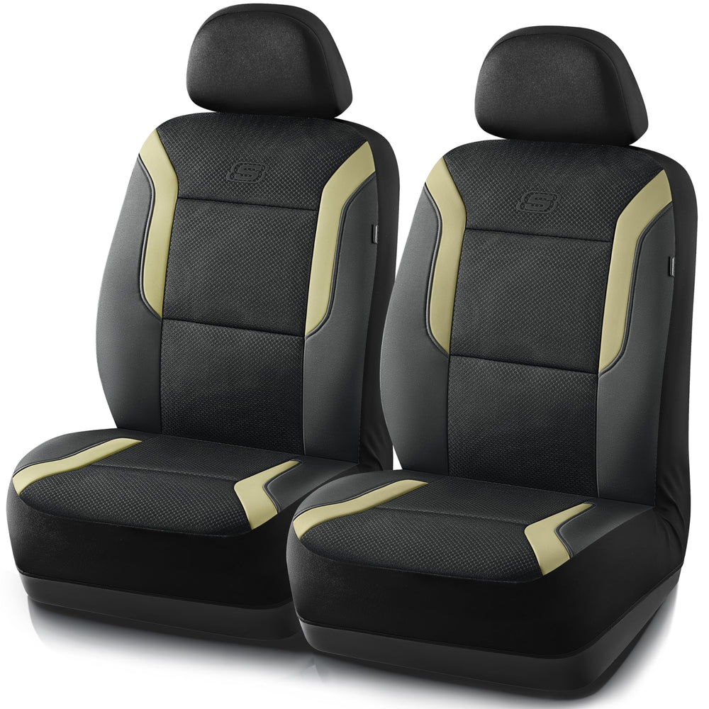 Skechers memory foam car seat cover on the front seat for comfort and protection.