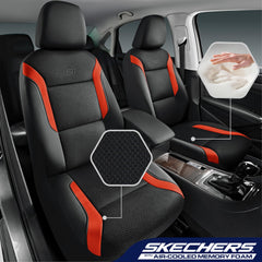 Skechers memory foam leather air-cool mesh car seat cover, side profile, breathable cooling for hot commutes.