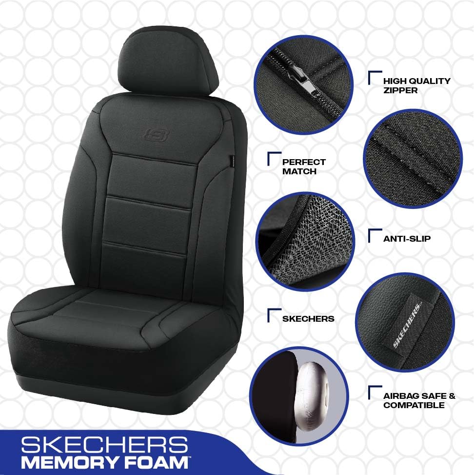 Skechers Memory Foam front seat cover demonstrates contouring support during daily commutes.