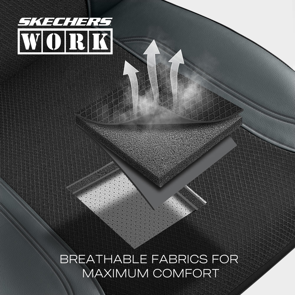 Skechers oxford fabric and leather seat cover combines comfort and protection.