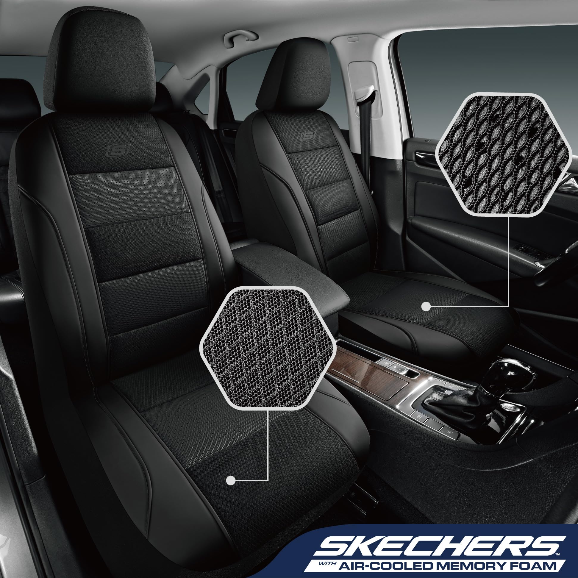 Skechers seat cover airbag compatible for safe vehicle deployment.