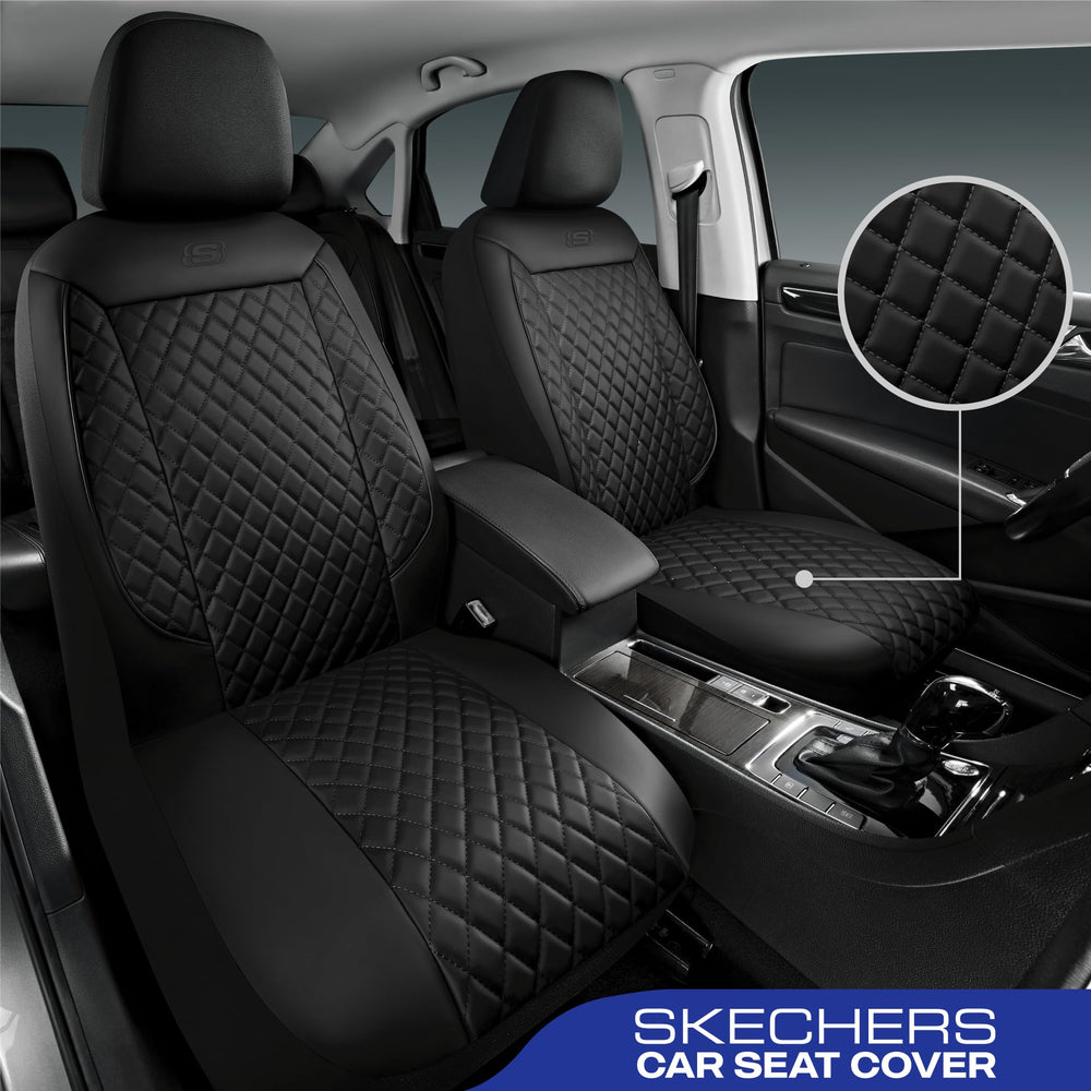 Skechers seat cover installation guide showing tool-free setup for quick fit