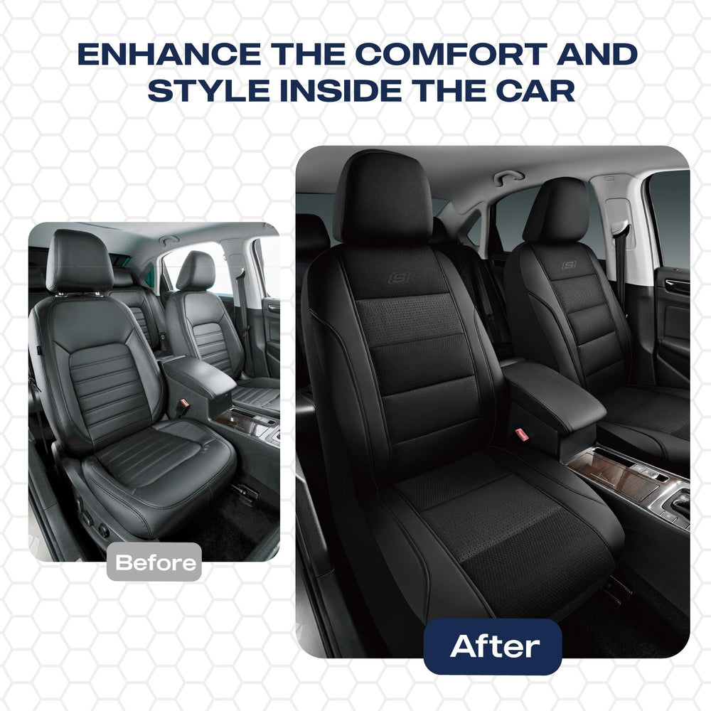 Skechers seat cover leather and EVA mesh blend for durability.