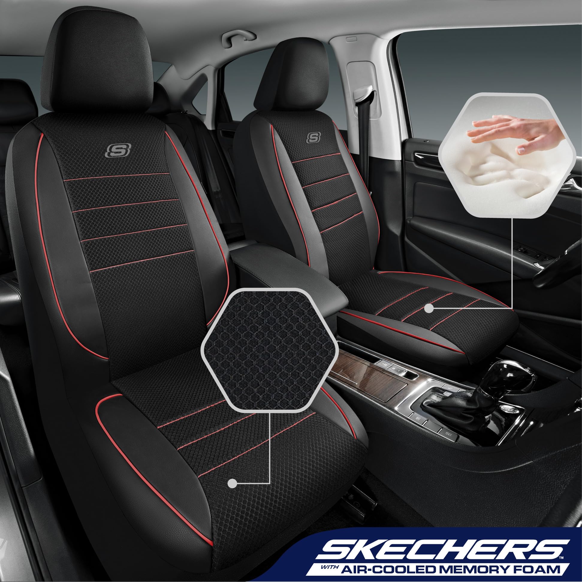Skechers seat cover with leather piping detail adds premium style and durability