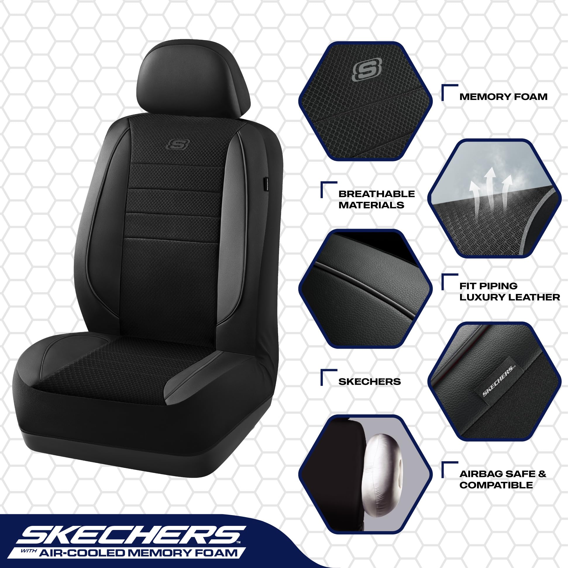 Skechers leather-trim close-up highlights durable stitching and refined texture.