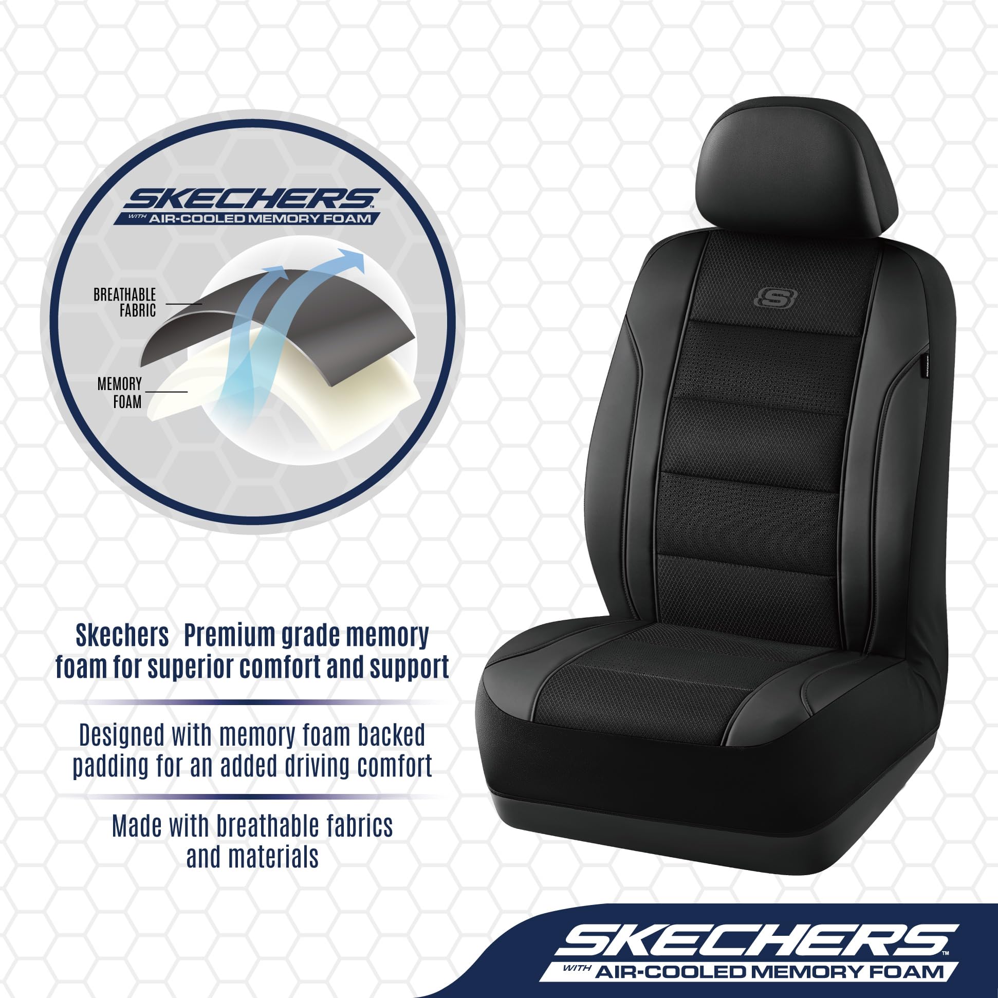 Skechers seat cover memory foam contours to body for ergonomic support.