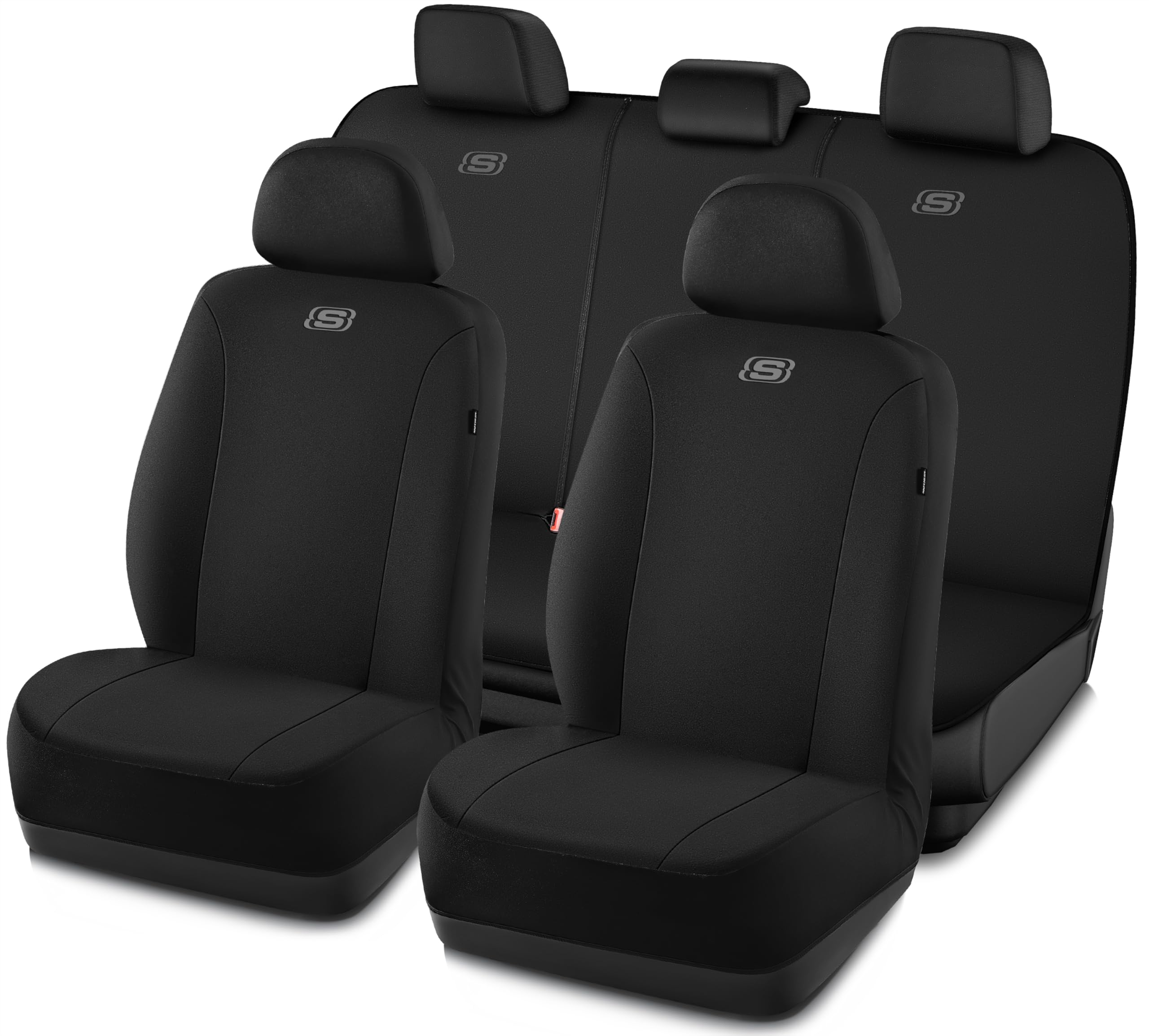 Skechers seat covers full set in black, front view showing snug fit and style.