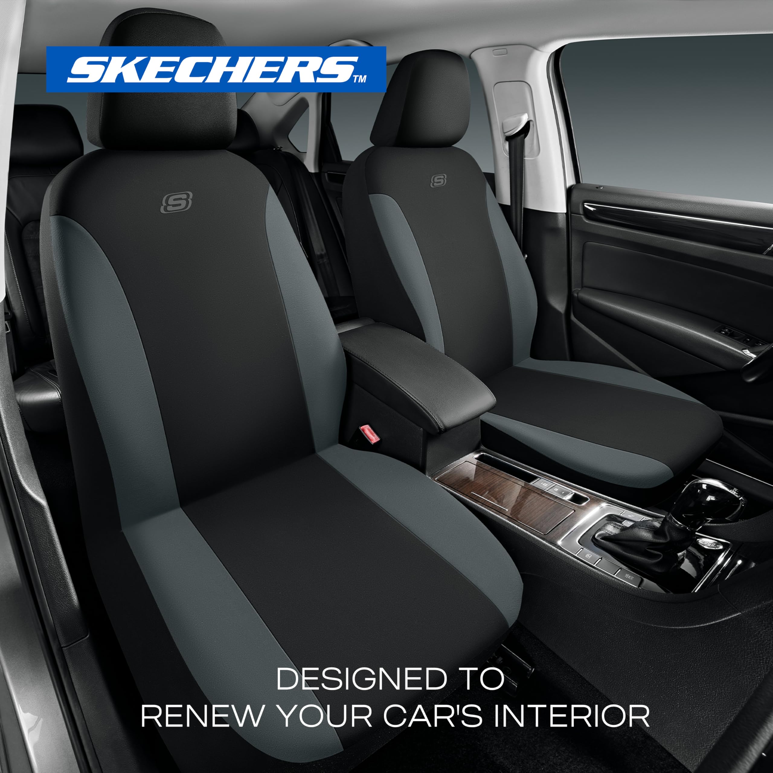 Skechers seat cover front-right shows form-fitting design for many vehicles.