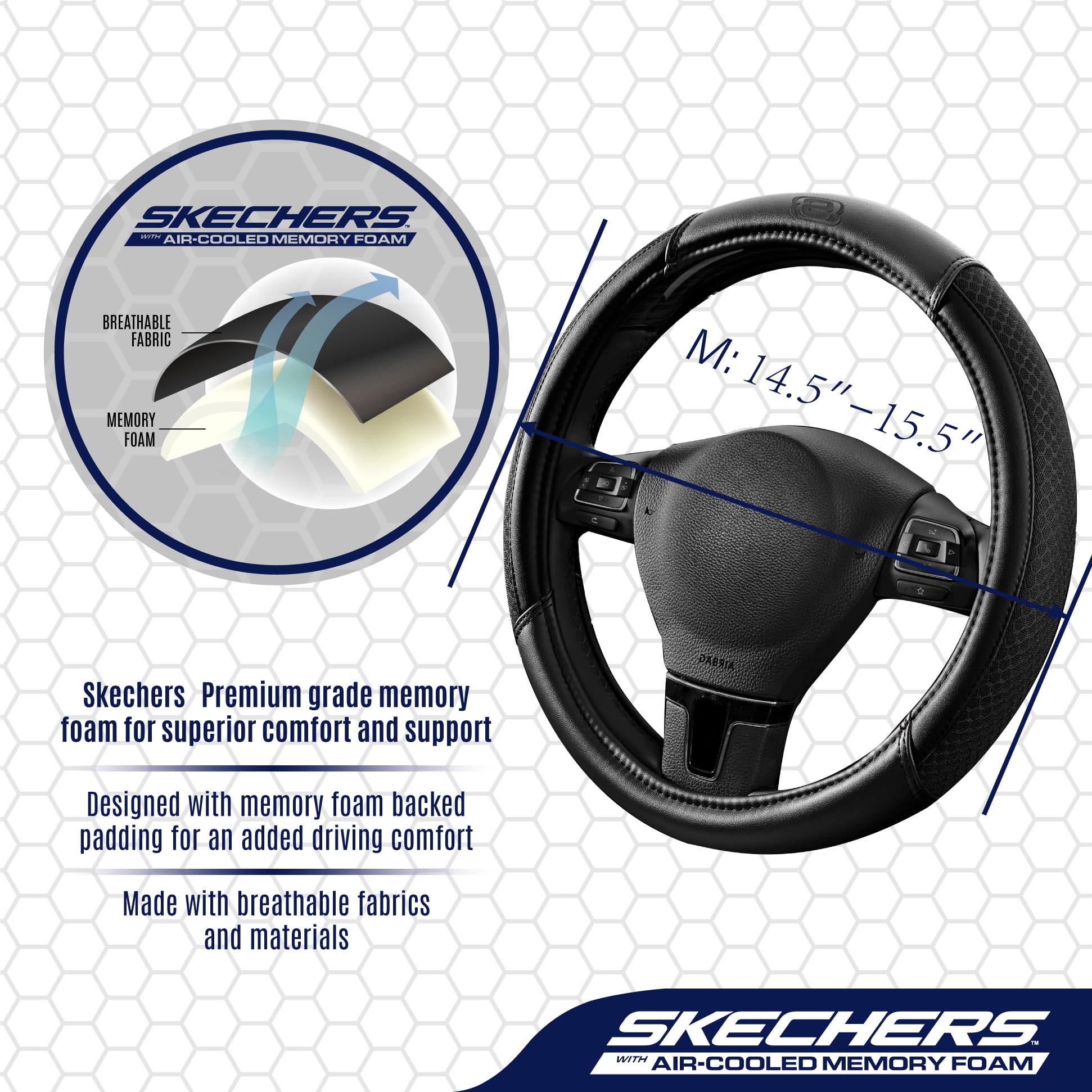 Skechers steering wheel cover fits 14.5–15 inch diameter for universal compatibility
