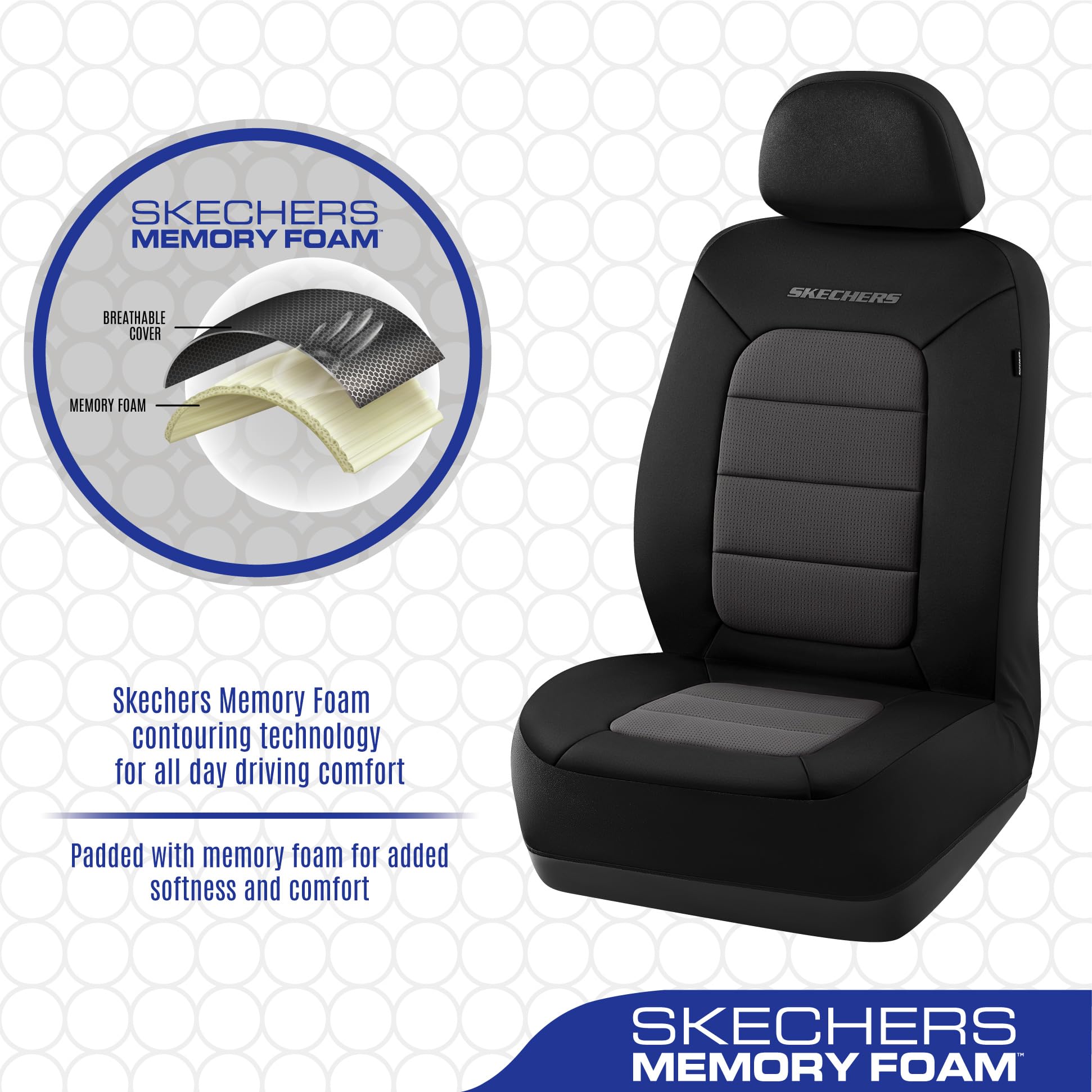 Skechers three-panel form-fitting design on a front seat